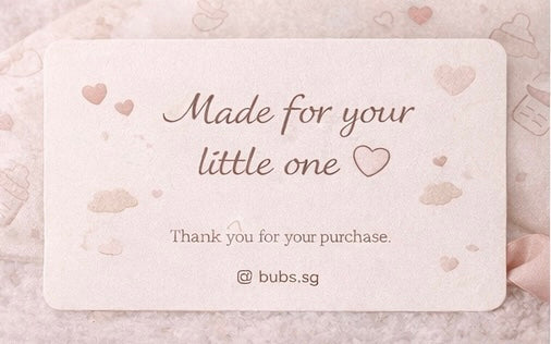 Card with 'Made for your little one' text and heart design on a soft background