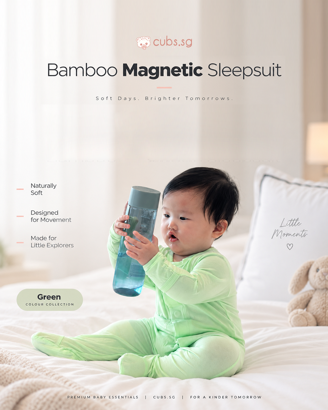 Magnetic Bamboo SleepSuit — Pastel Green