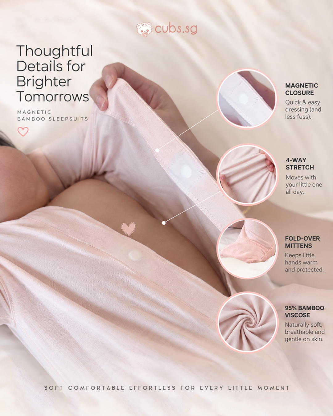 Magnetic Bamboo SleepSuit — Powder Pink