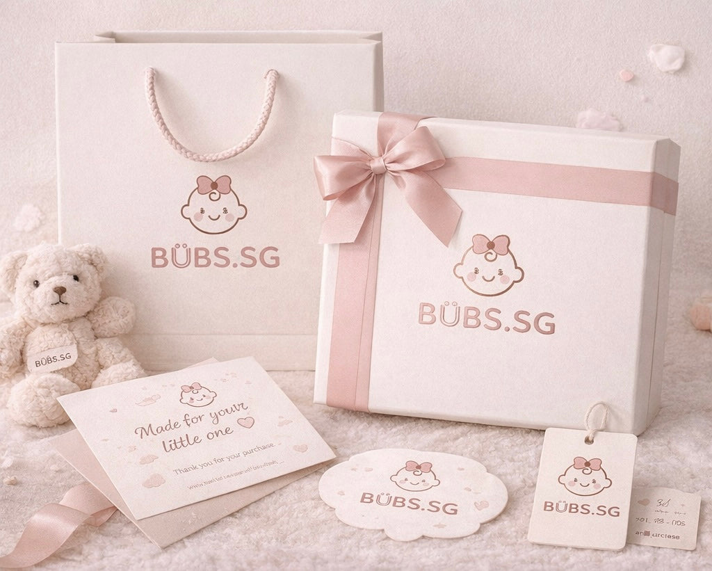 cubs sg branded gift bag, card, and tags on a soft surface.
