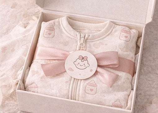 cubs sg with pink bow and decorative label in a box on a soft surface